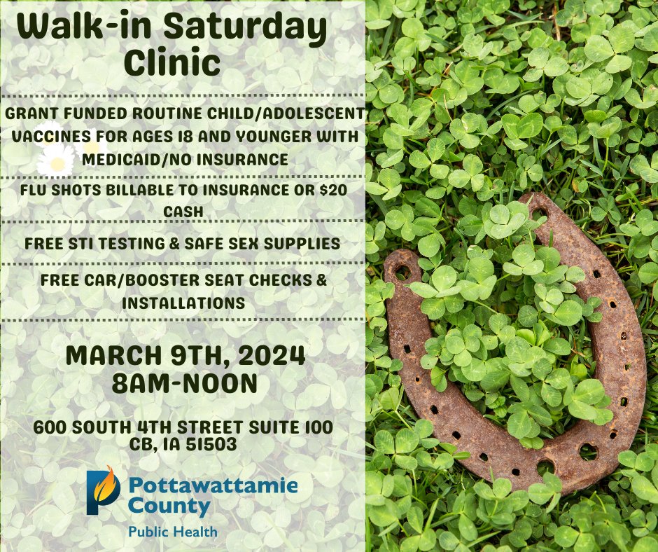 PottCoPHD's tweet image. We'll be hosting an after-hours walk-in clinic from 8am-noon TOMORROW, March 9th! 

📍600 South 4th Street Suite 100, Council Bluffs, IA 51503