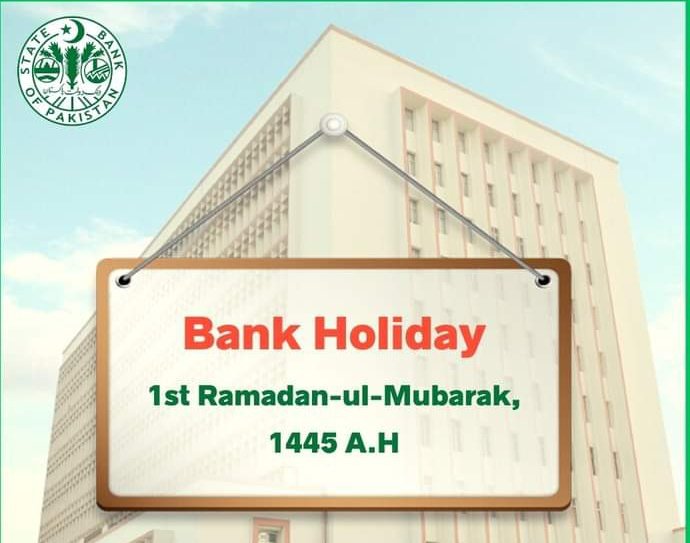 #SBP will remain closed for public dealing on 1st Ramadan-ul-Mubarak, 1445 A.H., which shall be observed as ‘Bank Holiday’ for the purpose of deduction of Zakat.
#KSE100
#SBPAnnouncements #Ramadan