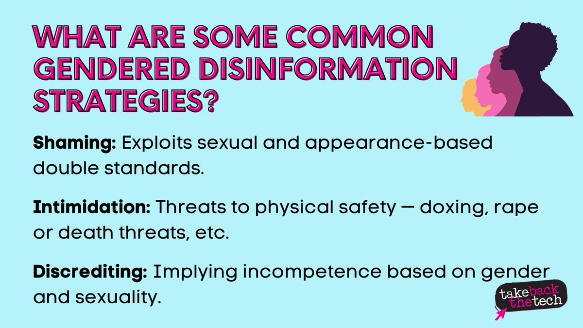 @APC_News @GenderITorg @privacyint @BKCHarvard @dalitdiva @HerInternet @selamtez4 @RimaSghaier @amandapalmer @womensmediacntr #GenderedDisinformation is critical to #IWD2024 conversations! It affects women, girls and queer persons online — especially when they're outspoken or human rights defenders. #WHRD Some common strategies attackers use ⬇️ #DefeatDeceit