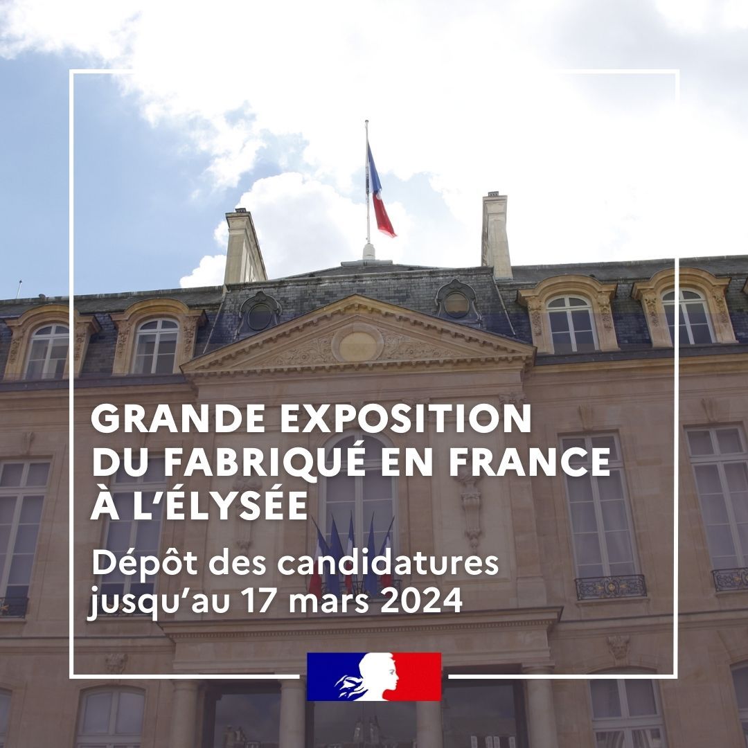 Economie_Gouv's tweet photo. 🇫🇷 #FabriquéEnFrance | 4ème édition de la Grande Exposition du Fabriqué en France qui se tiendra fin Juin 2024 au palais de l’Élysée.
📢 Toutes les entreprises proposant un produit fabriqué en France peuvent candidater jusqu’au 17 mars.
Plus d’infos 👉 https://t.co/iPaMQ10yqm https://t.co/kWOSkuvfEW