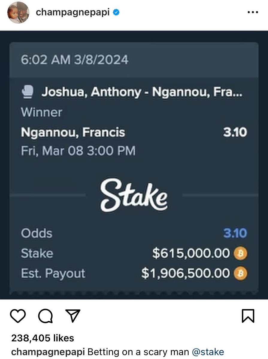 Drake has bet $615,000 on Francis Ngannou to beat Anthony Joshua tonight…