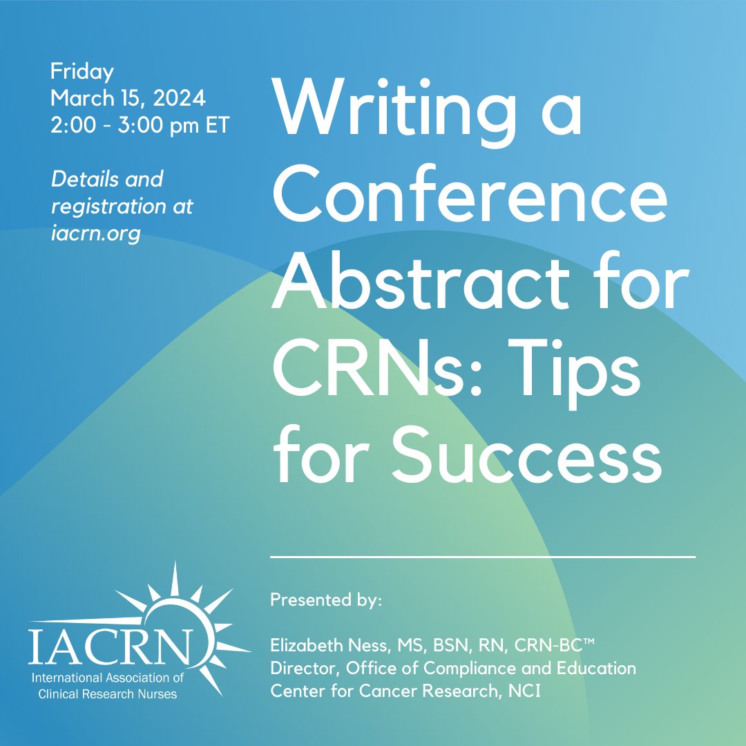 This webinar will provide review tips and suggestions for developing and preparing an abstract, identify topics for abstract submission and describe the criteria and process for submitting an abstract for the 2024 IACRN conference. Register Now: iacrn.org/event-5646657