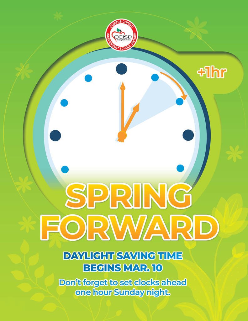 Spring forward! 🌷☀️ Don't forget to set your clocks ahead one hour this weekend as Daylight Saving Time begins on Sunday, March 10th.