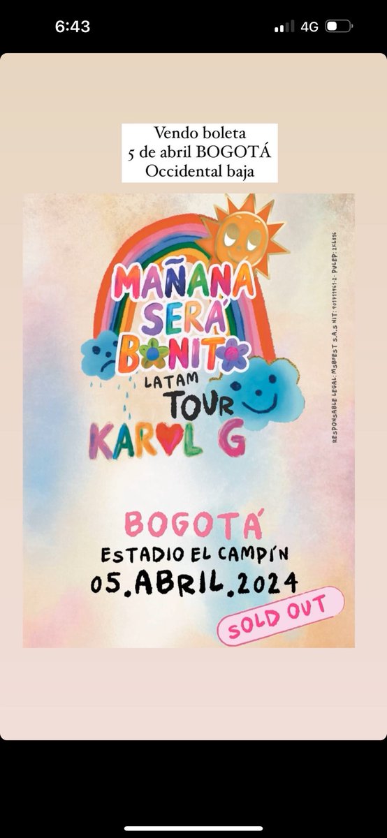 OliBritte's tweet photo. @minajxnimri @karolg Vendo boleta concierto KarolG en Bogotá 5 de abril occidental baja 800mil https://t.co/Z5QvKqDely