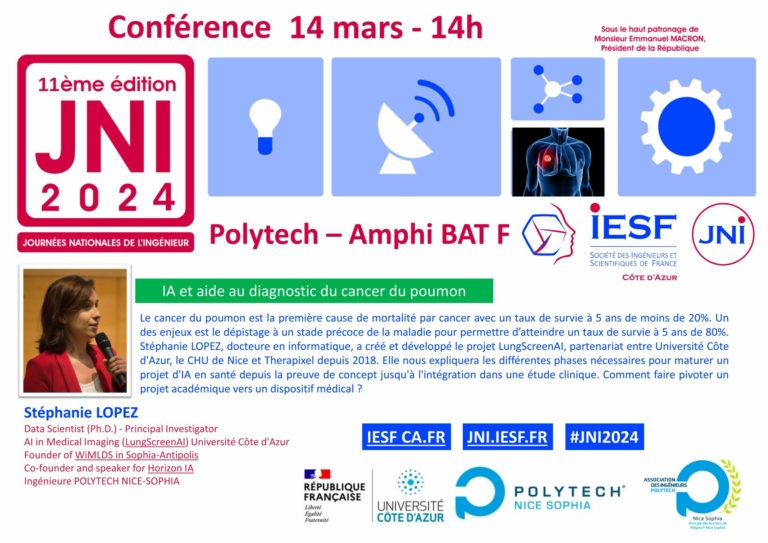 [Nouvel évènement labellisé #JNI2024]
📢Conférence : IA et aide au diagnostic du cancer du poumon par <a href="/IESF_CA/">IESF_CA</a>
🧭Sophia Antipolis
⏰14 mars
💬Animée par @5teoh_Lopez, docteure en informatique et créatrice du projet LungScreenAI.
▶️urls.fr/13c5ID
#ingénieurs #science #IA