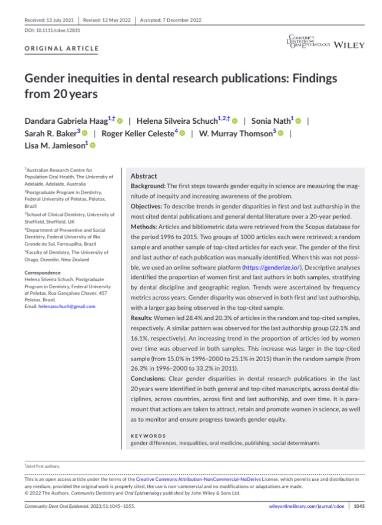 Continuing my key papers for #InternationalWomensDay in dental academia

There are clear gender disparities in #dental research publications in the last 20 years in general &amp; top-cited manuscripts, across disciplines, countries, first &amp; last authorship, &amp; over time. 

This work