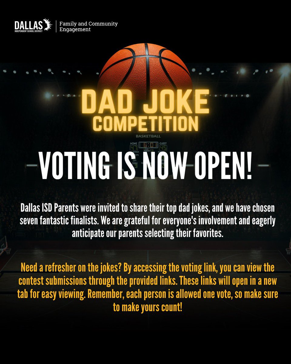 Voting for our Dad Joke Competition is officially OPEN! 🌟 Cast your vote before 4:30 pm today to crown the ultimate Dad Joke champ! Remember, one vote per person, so make it count! 🏆🎉🚨 VOTE HERE: fce.jotform.com/240666040700042