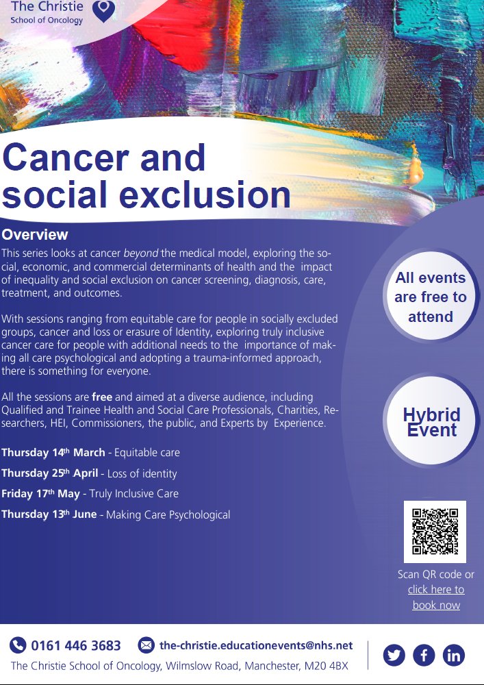 Really excited to launch the first of a series of study days, which explore Cancer and Exclusion, on Thursday, 14th March @TheChristieSoO. It has been a privilege to develop these. Thank you to all the speakers and organisations involved #healthinclusion #healthinequality