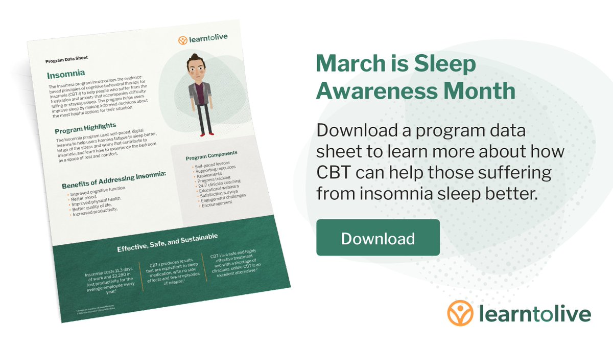 Insomnia can have a negative impact on health, work performance, mood, and more. In recognition of Sleep Awareness Month, download this program data sheet to learn more about how CBT can help those suffering from insomnia sleep better. bit.ly/49prAhN #SleepAwarenessMonth