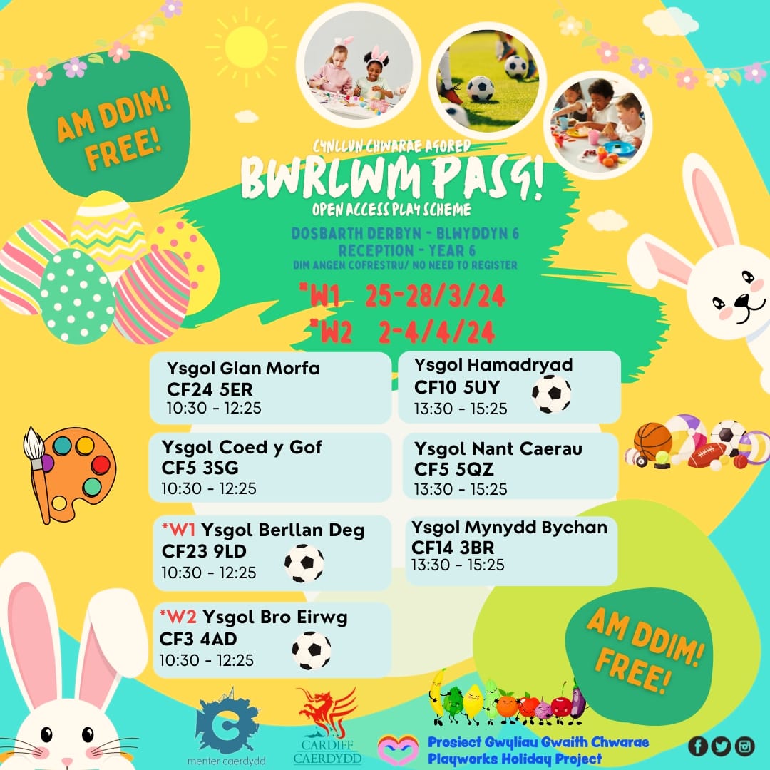 👀 Dyma leoliadau #Bwrlwm dros y Pasg! 🐣 Llwyth i wneud #AmDdim - manylion i'w datgelu ar ein gwefan cyn hir!
👀 #Free Easter Bwrlwm locations revealed! 🐇 More information on activities on our website soon!
#caerdyddsynddaiblant #ChildFriendlyCardiff #Pasg #Easter