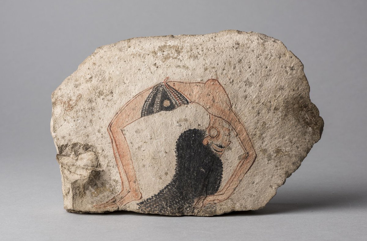 A startlingly beautiful image of an ancient Egyptian female acrobat painted on a c. 3,250 year old potsherd. Found in Deir el-Medina,the ancient village where the community of workmen & craftsmen responsible for the construction and decoration of royal and princely tombs lived.