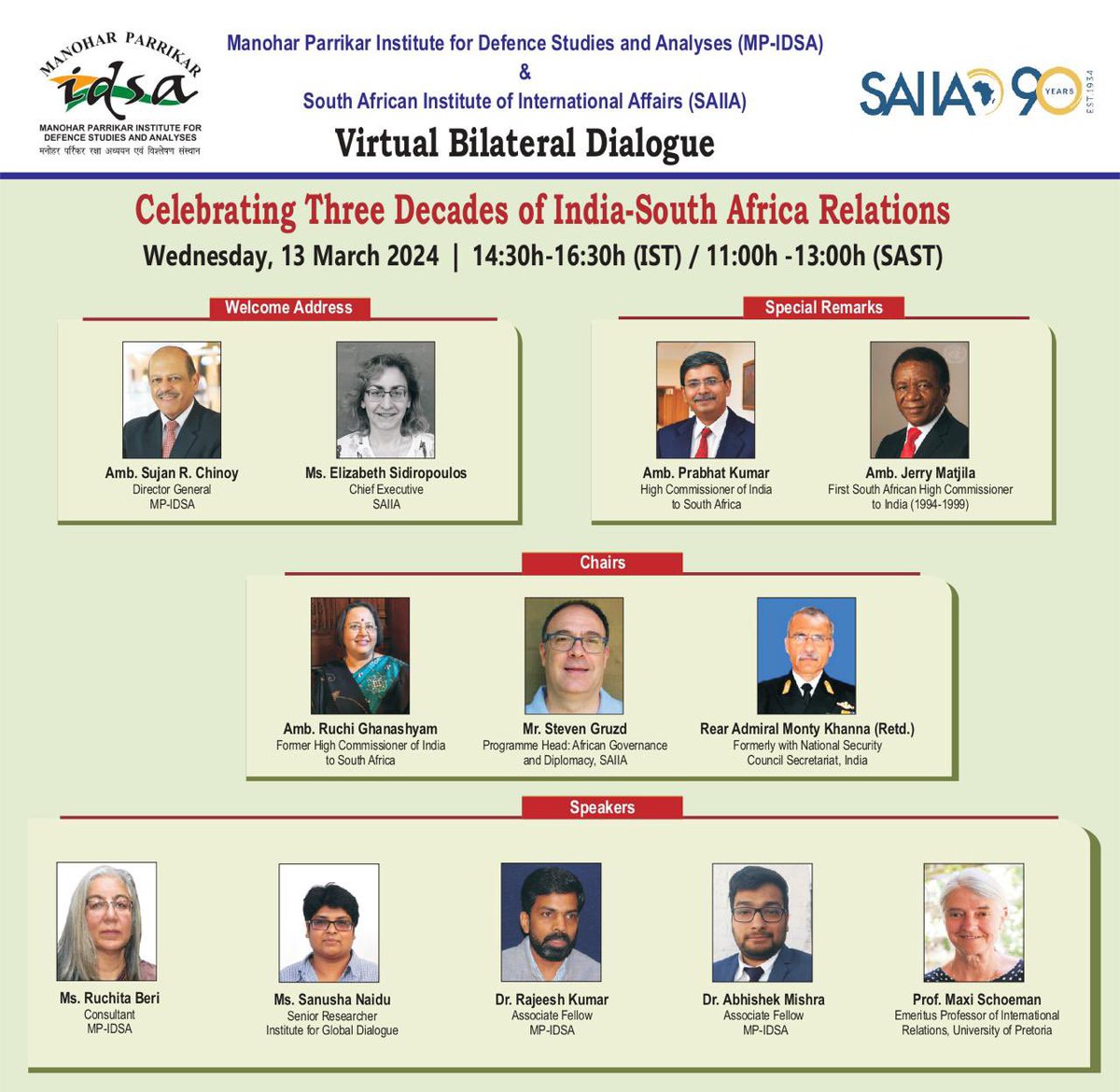 IDSAIndia's tweet photo. .@IDSAIndia & @SAIIA_info are holding Virtual #Bilateral Dialogue on "Celebrating Three Decades of #India #SouthAfrica Relations" Date: 13 March 2024 @ 1430hrs IST |11:00hrs SAST. Welcome address by Amb @SujanChinoy DG, MP-IDSA & Ms @Siderop Chief Executive, SAIIA https://t.co/RXB0VJM7PT