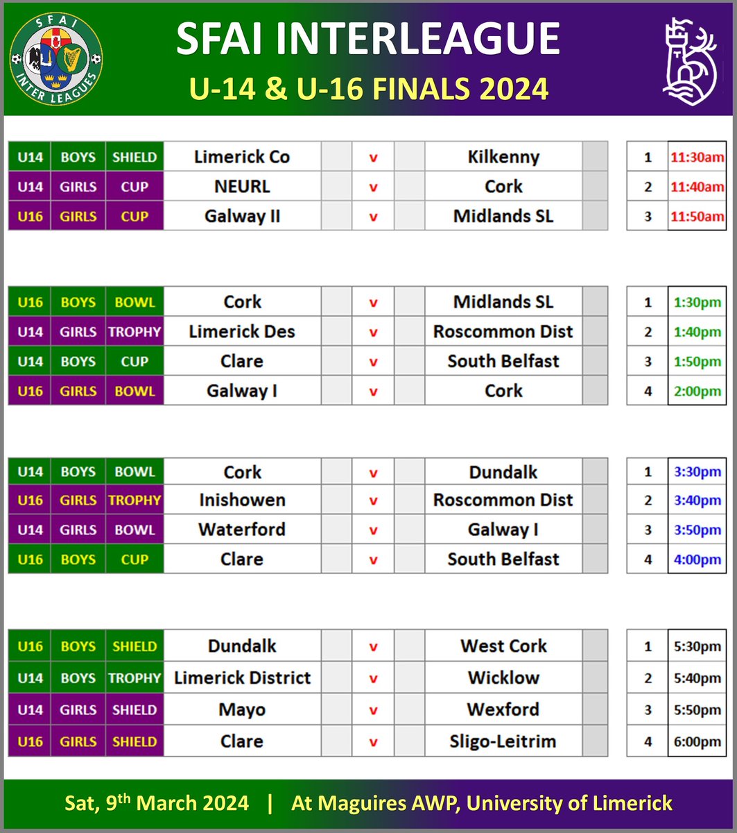 SFAIreland's tweet photo. 🟩⬛ SFAI InterLeague Finals ⬛ 🟩

⚽ Good Luck to all the teams in this seasons U-14 and U-16 Inter League Finals

🏆 U-14/16 Inter League Finals
📍 University of Limerick, Maguires Astro
📅 Sat, 9th March 2024

#SFAInterleagues https://t.co/pkE81X9Fbp