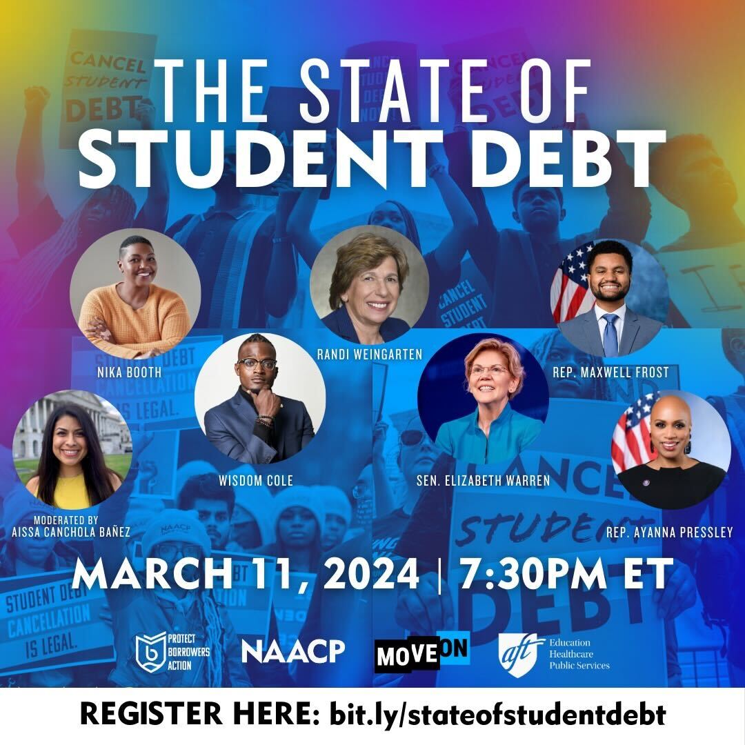 🚨DON'T MISS: @AFTunion will be co-hosting a virtual discussion about the state of #studentdebt this Monday, 3/11 at 7:30PM ET. Hear about the progress @POTUS has made to deliver debt relief & the fight ahead. Register here: zoom.us/webinar/regist…