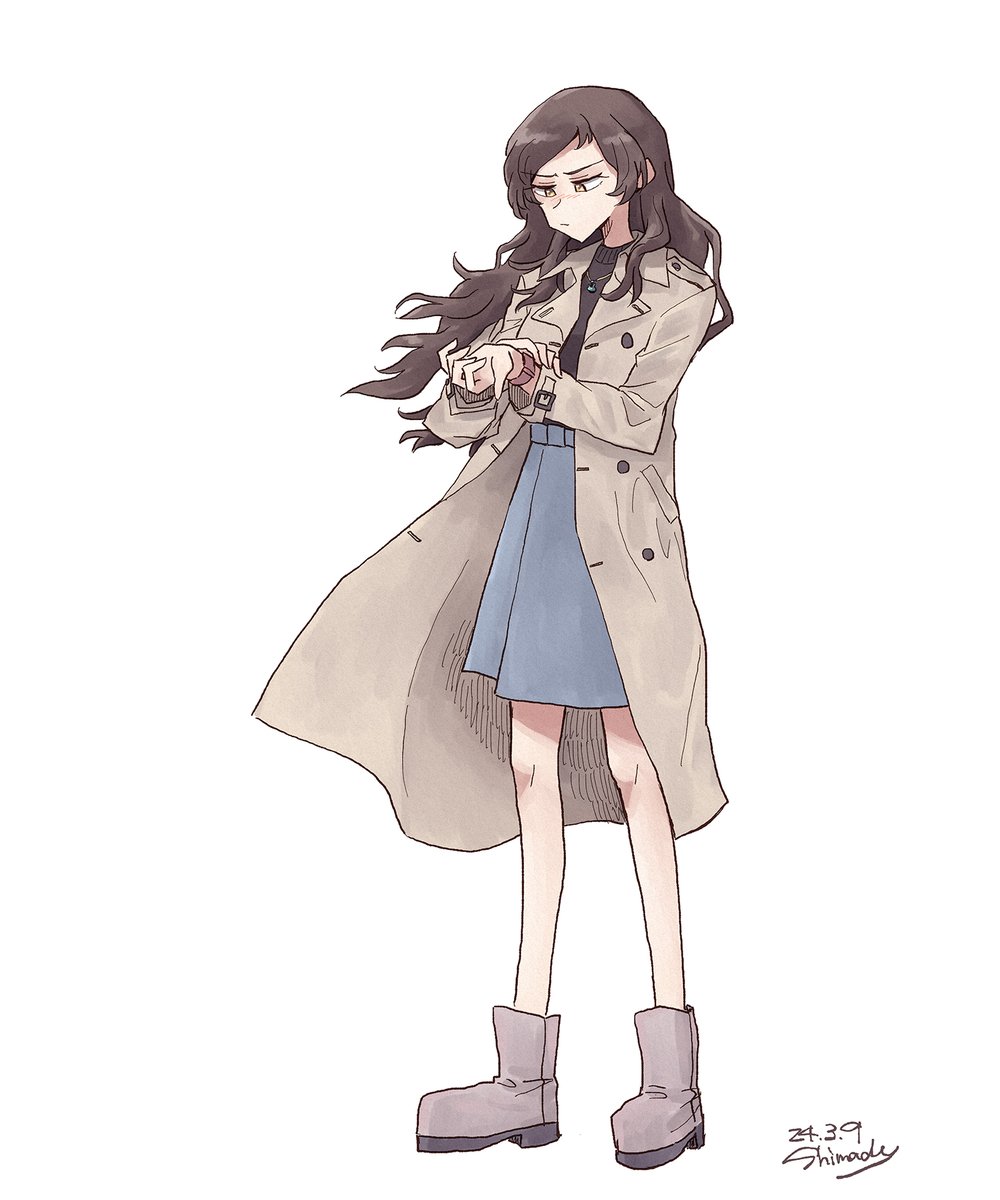 kitazawa shiho 1girl solo long hair skirt brown hair white background blue skirt  illustration images