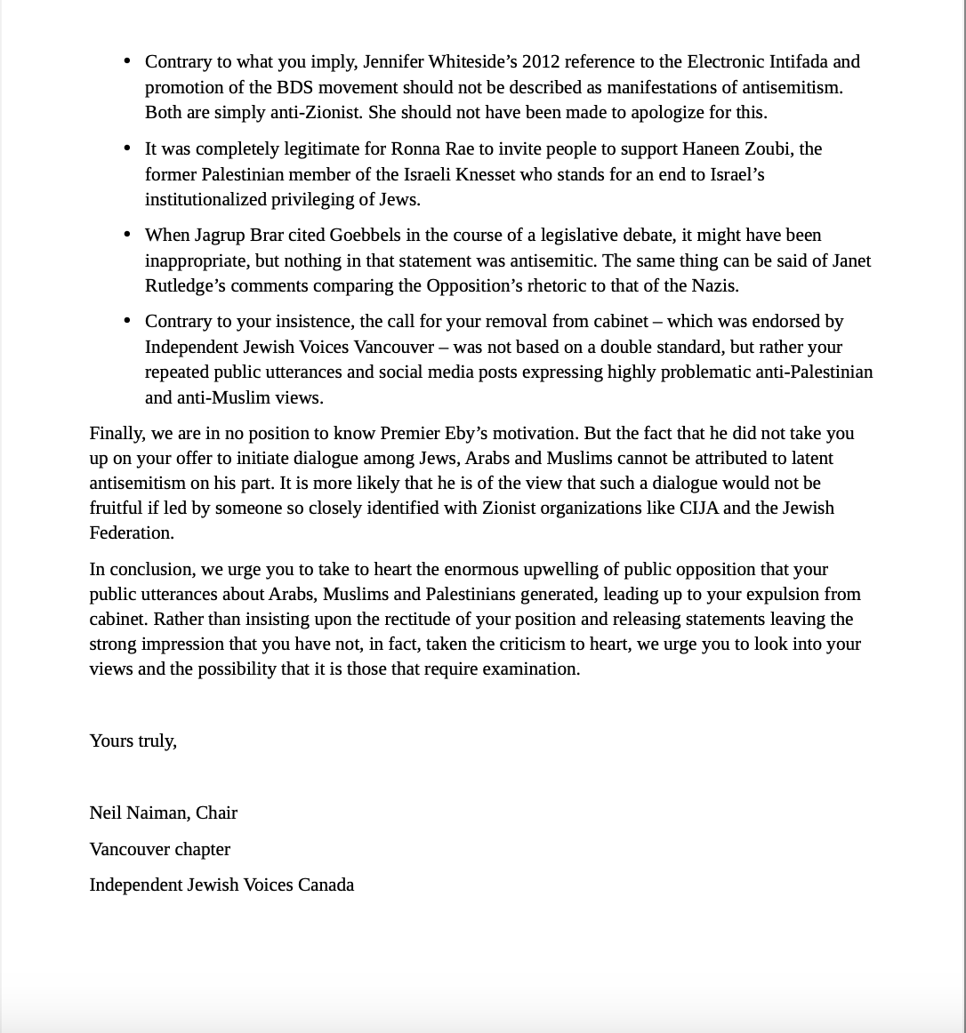 IndJewishVoices's tweet photo. Open letter to former BC gov't minister Selina Robinson from IJV-Vancouver in response to claims made in her public letter announcing her resignation from the @bcndp caucus

#bcpoli @Dave_Eby https://t.co/815pN041tz