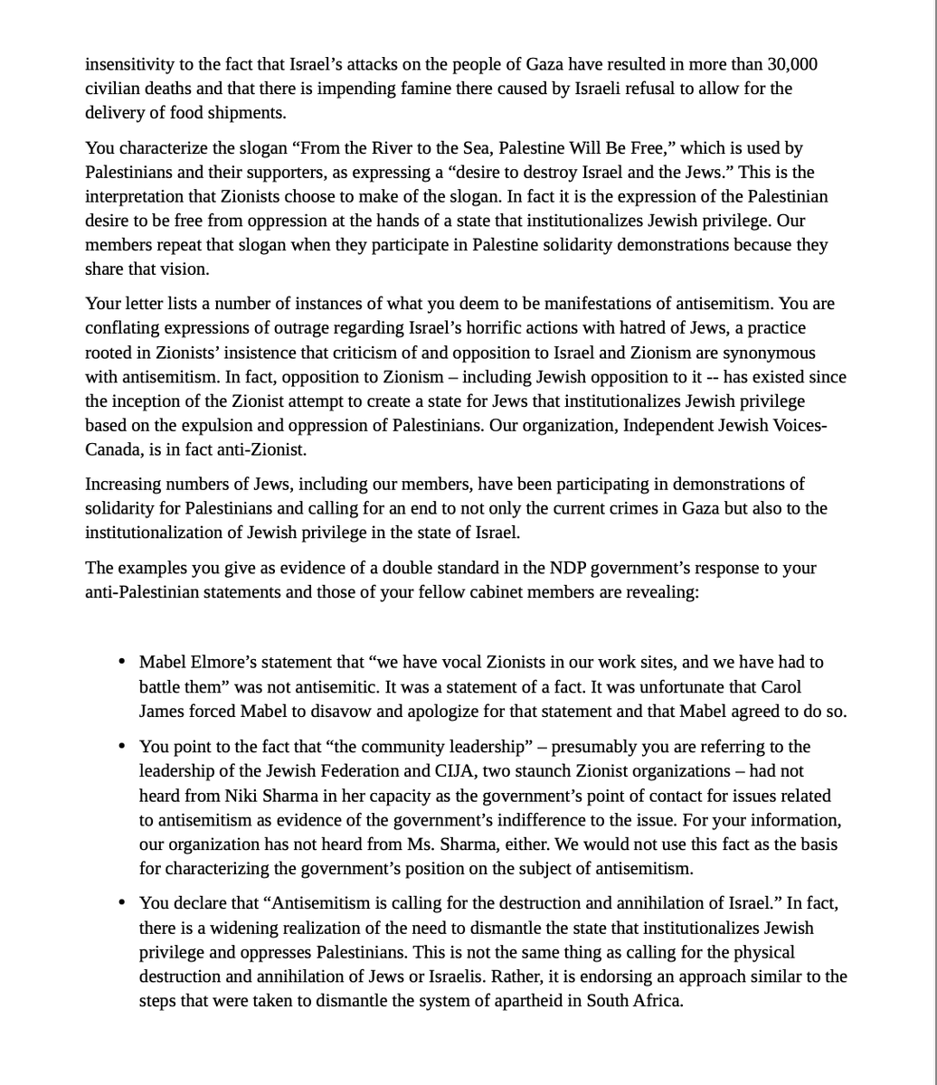 IndJewishVoices's tweet photo. Open letter to former BC gov't minister Selina Robinson from IJV-Vancouver in response to claims made in her public letter announcing her resignation from the @bcndp caucus

#bcpoli @Dave_Eby https://t.co/815pN041tz