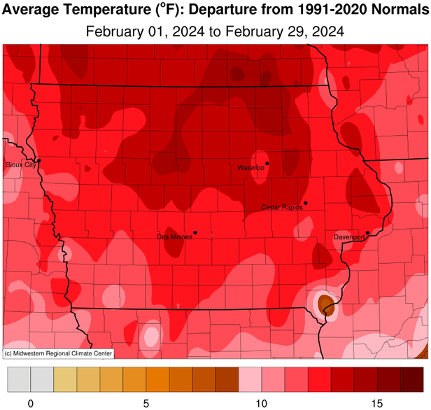 February 2024 Temperature Summary: #Iowa's average temperature was 37.6 degrees, while the normal is 24.1 degrees (+13.5 degrees!). This ranks as the warmest February in 152 years of statewide records; 1954 was the 2nd warmest at 37.0 degrees. (1/2) #IowaClimate #IowaAg #ElNino