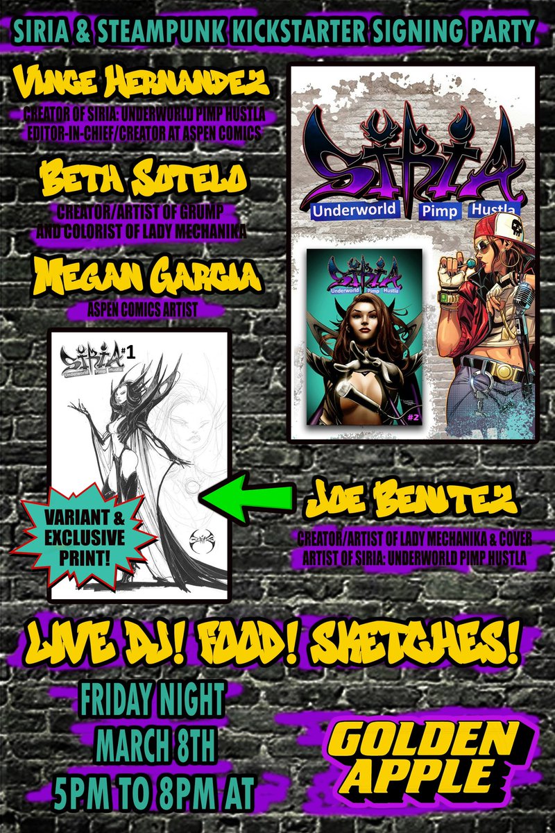 Tonight at Golden Apple! Fans of Lady Mechanika and @AspenComics and Hip-Hop. Free event at Golden Apple with live DJ, Pizza, Sketches and More! 5-8pm 🍕🎶🎉