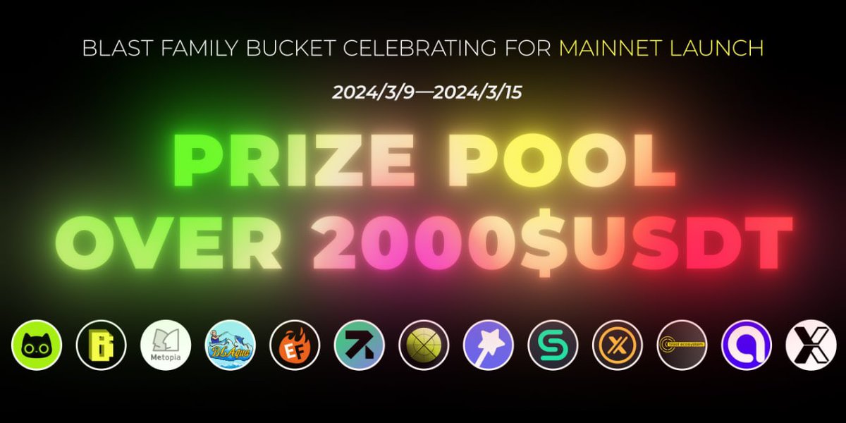 KittySwapIO's tweet image. 🎉Blast Family Bucket Celebrating for Mainnet Launch

🎁Prize Pool: Over $2000 up for grabs! 

🤝We're uniting with a stellar coalition:
@XTexchange @WandProtocol @Metopia_xyz @SecretKey404 @star_protocol @SphereX_XYZ @0xSingularLabs @BLAqua_Fish @atticc_xyz @BlastEcosystem_…