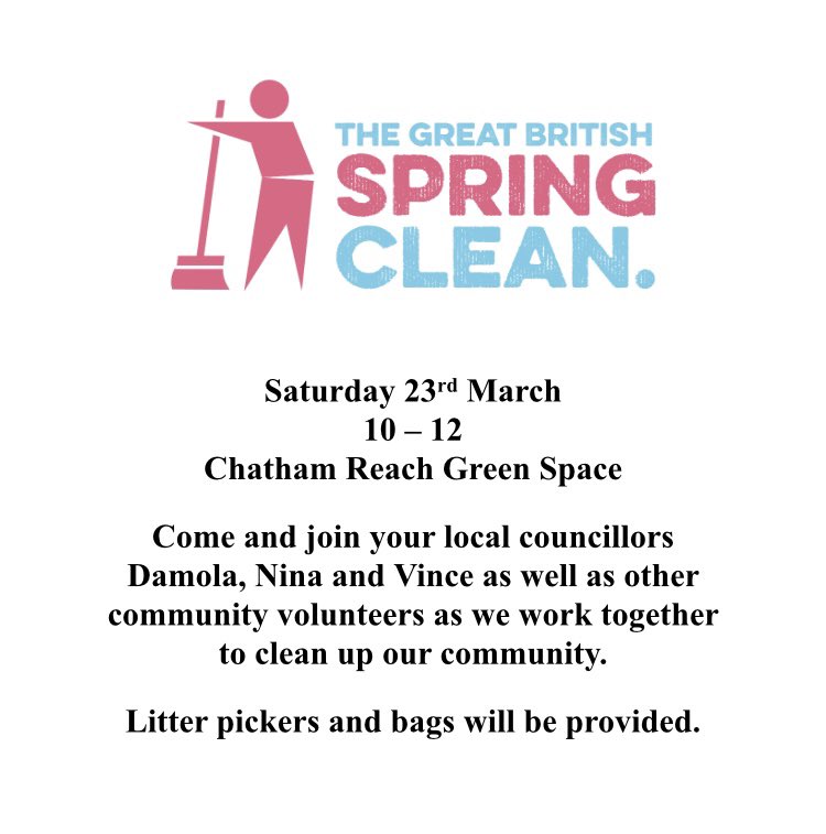 Here in Chatham Central & Brompton we have got two #GreatBritishSpringClean sessions 

Saturday 23rd March - Chatham Reach
Sunday 24th March - Chalk Pit Park

Both 10-12

Litter Pickers and bags provided. Join Nina, Damola & Vince in making our community cleaner.

#PlatinumPledge