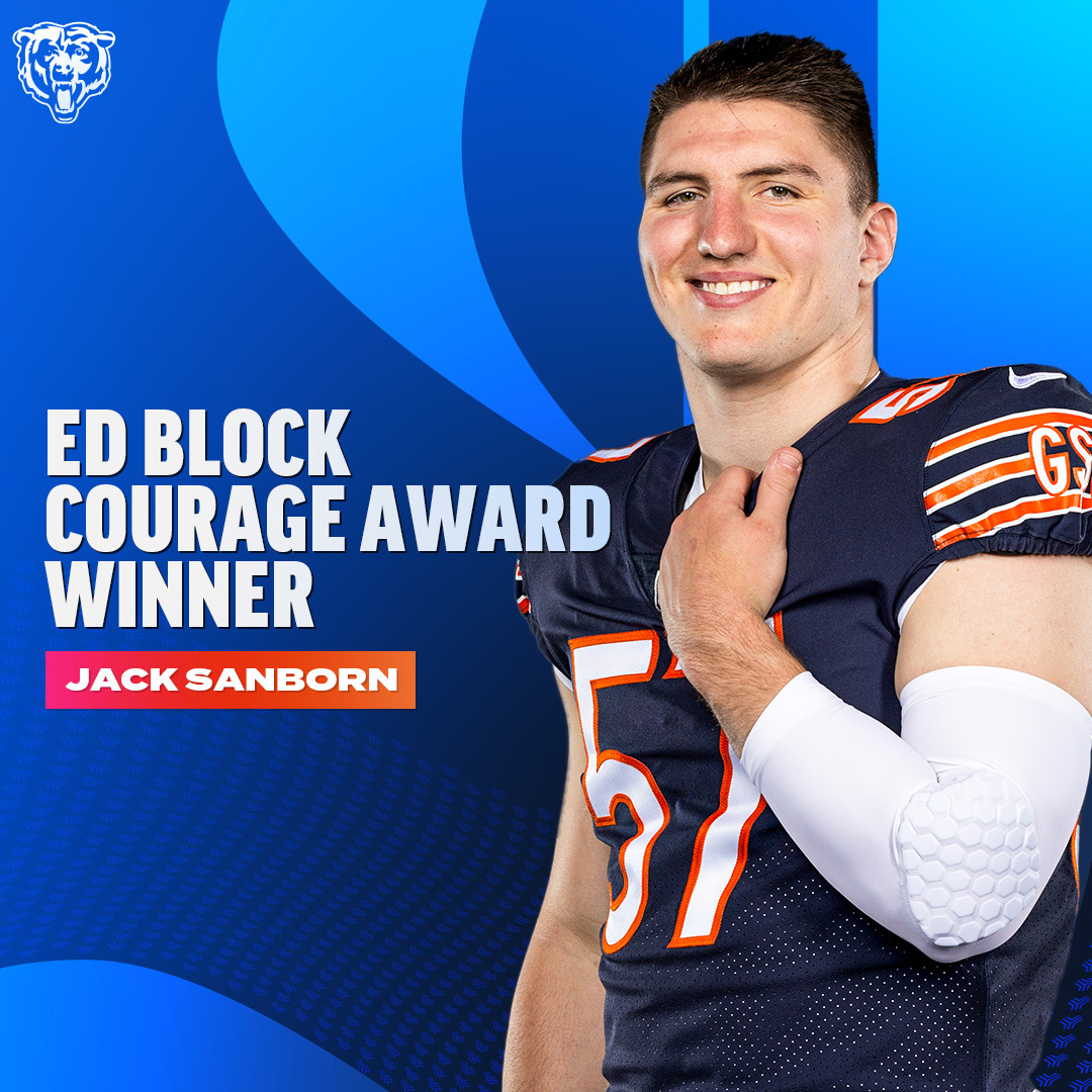 Chicago Bears (@chicagobears) on Twitter photo Chosen by teammates, the Ed Block Courage Award is given annually to a player who serves as an inspiration both on the field and in the community.
Congrats to our 2023 recipient, <a href="/JackSanborn79/">Jack Sanborn</a>! π Chosen by teammates, the Ed Block Courage Award is given annually to a player who serves as an inspiration both on the field and in the community.
Congrats to our 2023 recipient, <a href="/JackSanborn79/">Jack Sanborn</a>! π