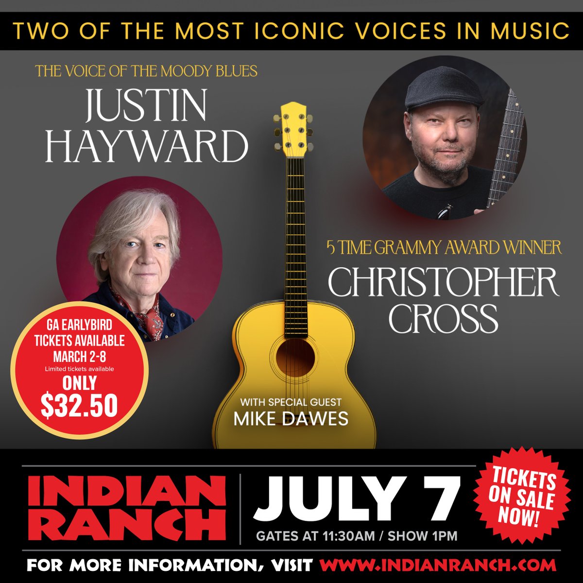 Last call for Low Dough Early Bird GA tickets to Justin Hayward and Christopher Cross! Prices increase at midnight. Buy tickets now at indianranch.com🎫
·
·
#justinhayward #christophercross #livemusic #concert #show #entertainment #indianranch #websterma #MyLocalMA #event