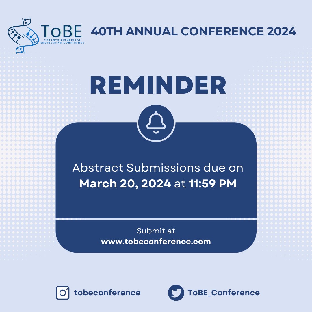 ToBE Conference (@tobe_conference) on Twitter photo Come share your groundbreaking ideas and research at #ToBE2024! Submit your abstract today (app.oxfordabstracts.com/stages/26373/s…)
For more information on submission criteria, please check out our website (tobeconference.com)
<a href="/bme_uoft/">Biomedical Engineering @ University of Toronto</a> <a href="/UofTEngineering/">University of Toronto Engineering</a> <a href="/UofT/">University of Toronto</a> @MilosRPopovic Come share your groundbreaking ideas and research at #ToBE2024! Submit your abstract today (app.oxfordabstracts.com/stages/26373/s…)
For more information on submission criteria, please check out our website (tobeconference.com)
<a href="/bme_uoft/">Biomedical Engineering @ University of Toronto</a> <a href="/UofTEngineering/">University of Toronto Engineering</a> <a href="/UofT/">University of Toronto</a> @MilosRPopovic