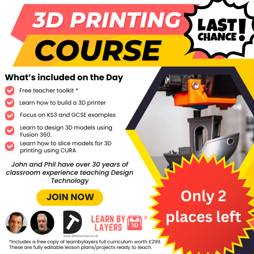 learnbylayers3D's tweet image. Ready to take your #teaching to the next dimension? Don&apos;t miss your chance to join our #3Dprinting course! With just 2 spots remaining, seize the opportunity to empower your students with hands-on learning experiences dtresources.co.uk #teach3dprinting 3dprintinschool #stem