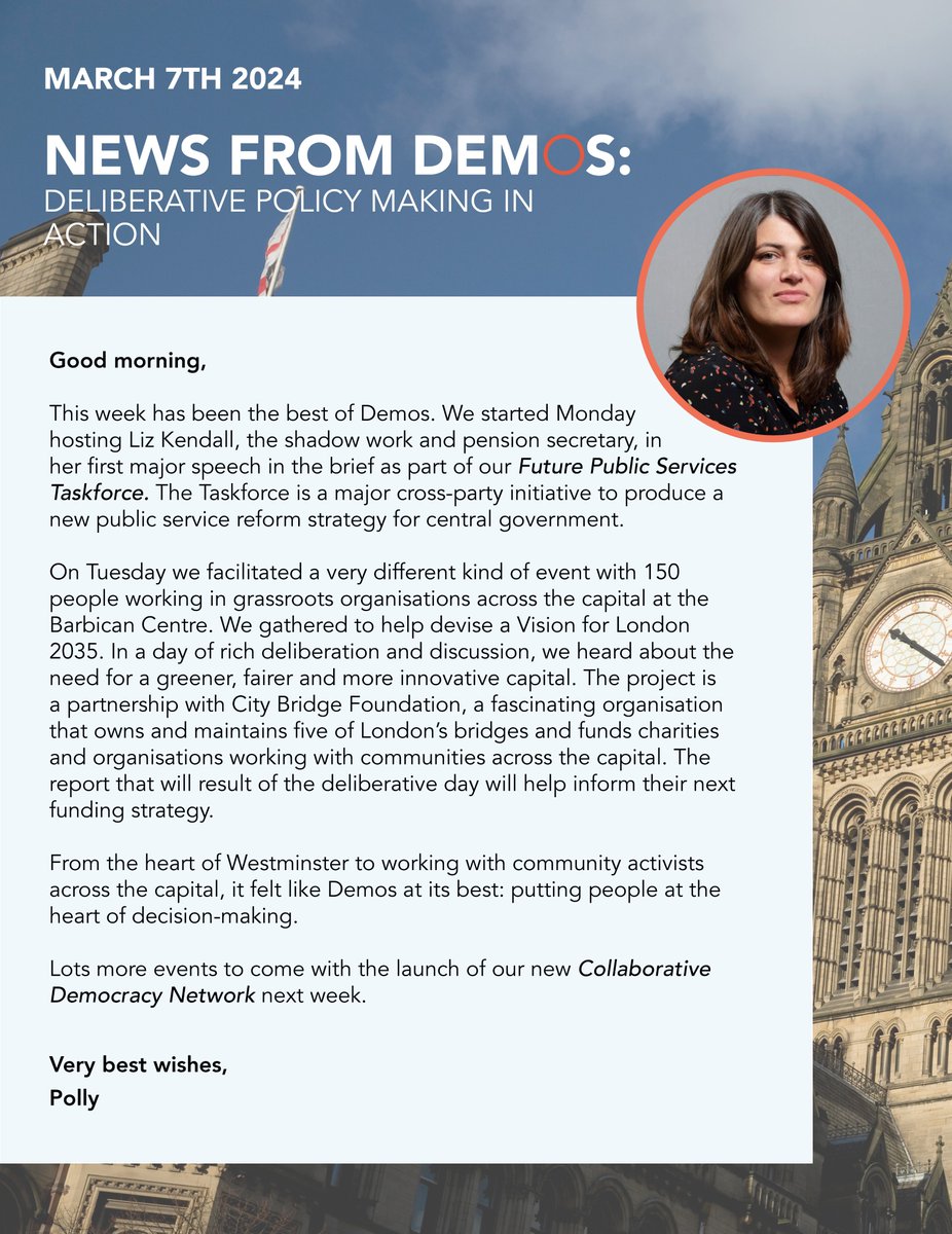 🚨Stay up to date with our latest research, events and political takes by signing up to our newsletter at demos.co.uk/support🗞️ Here's a snapshot of this week's, courtesy of @pollycurtis✍️