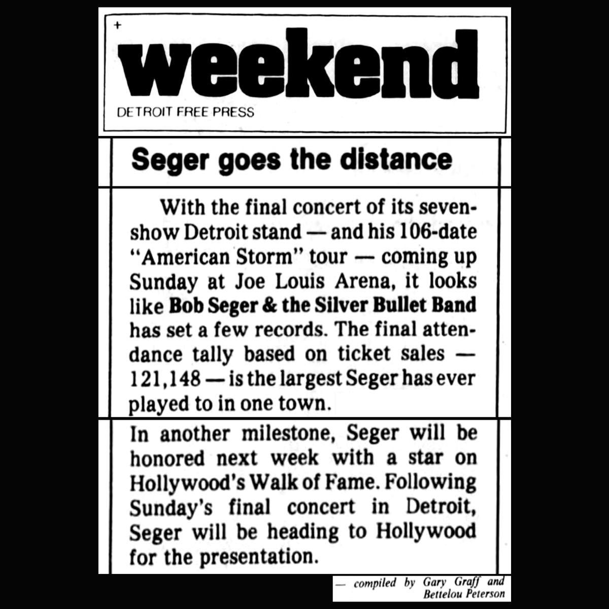 3/8/1987: closing out the American Storm Tour with 7 sold-out shows at Joe Louis Arena in Detroit.