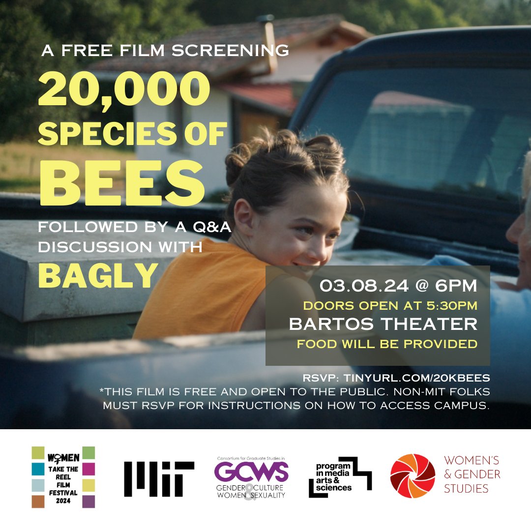 See you soon! 📽️ '20,000 Species of Bees' Film Screening + Q&A Discussion w/ BAGLY 🗓️ March 8th, 2024 at 6:00 pm 📍 Bartos Theater Free and open to the public- food will be provided! Non-MIT folks must RSVP for instructions on how to access campus. rsvp: tinyurl.com/20kbees?utm_ca…