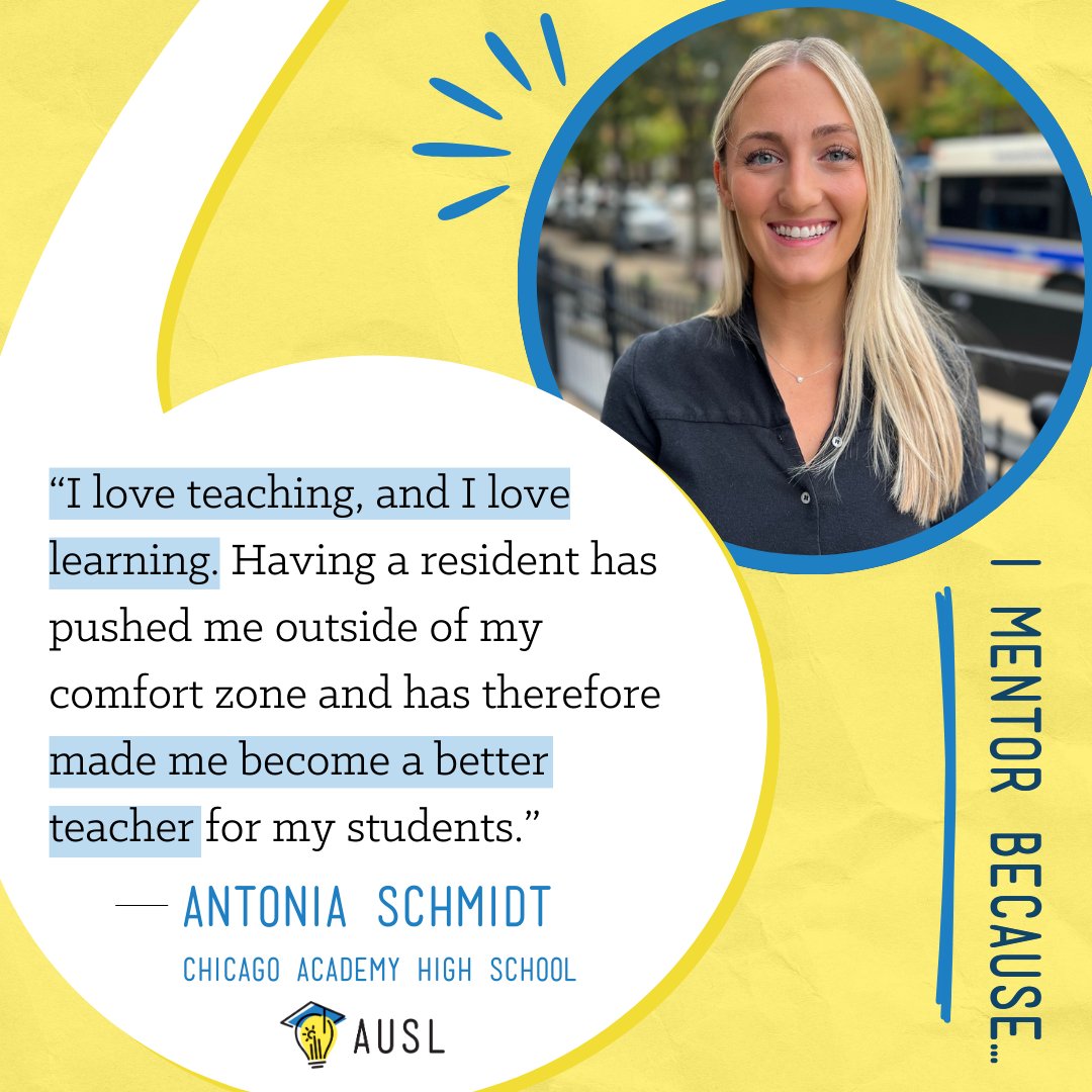 Today we're highlighting CTR mentor Antonia Schmidt from Chicago Academy High School. Passionate & caring teachers like Veronica provide a full year of in-class mentorship to all Residents! Apply to join the CTR & experience this mentorship in action: connect.auslchicago.org/apply/