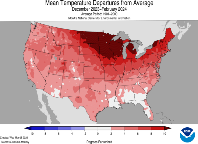 MichaelARawlins's tweet photo. Per NOAA NCEI, the 2023–24 winter season ranked warmest on record for the contiguous  U.S. with eight states across the Upper Midwest, Great Lakes and  Northeast each observing their warmest winter on record. Northeast U.S. also had its warmest winter. 
https://t.co/TZcOU8aUDL https://t.co/nM0ryM0tig
