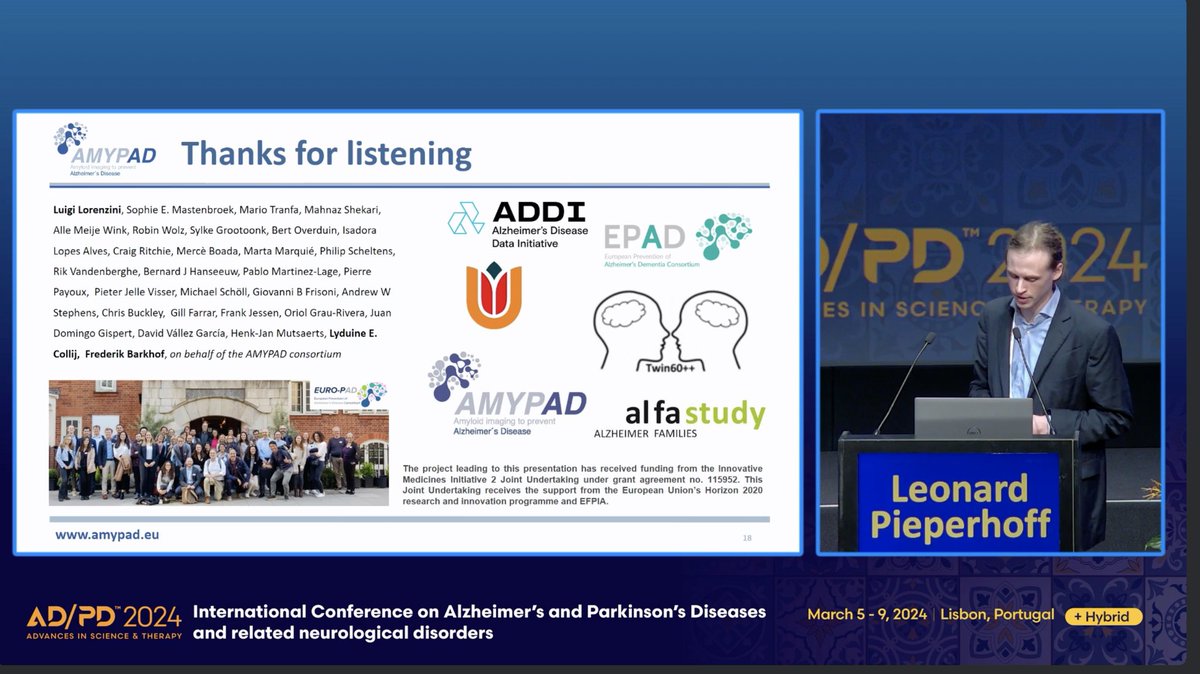 Another inspiring day at #ADPD2024 🇵🇹 👏 Kudos to Leonard Pieperhoff for his excellent presentation on the association between cortical amyloid deposition and subsequent neurodegeneration in participants from the @IMI_AMYPAD Prognostic Study