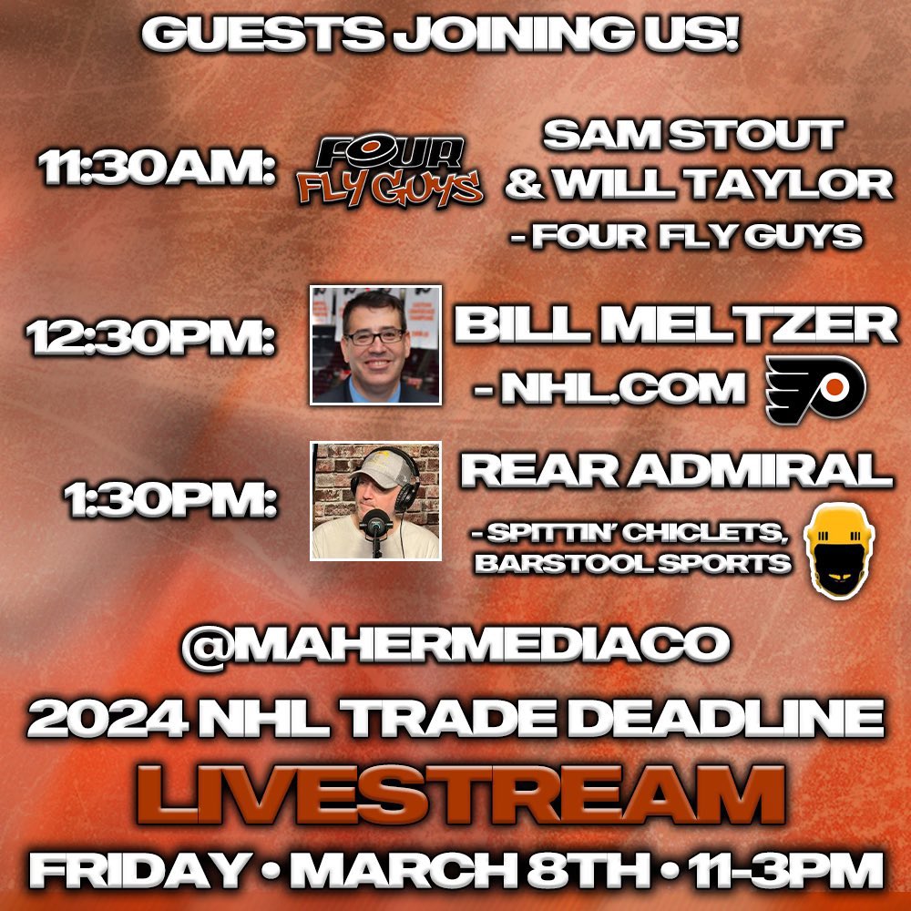 🚨 𝐋𝐈𝐕𝐄! 🚨

Join @_ChrisMaher and @JacksonPHI_ as they break down all of today’s action!

@SamStout_MM comes on at 11:30, @billmeltzer joins at 12:30, followed by @RearAdBsBlog at 1:30.

We may even have another special guest 👀 

#Flyers | #TradeDeadline