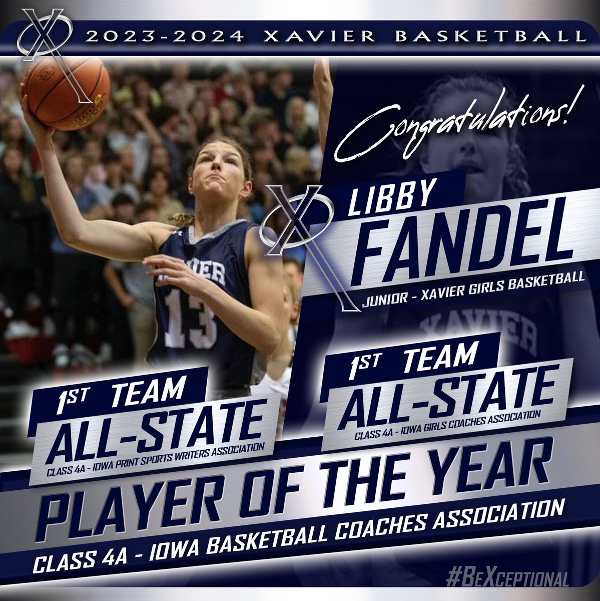 XavierSaints's tweet photo. Lots of All-State honors rolling in for @CRXAVIERGBB junior, Libby Fandel, as she was named 1st Team All-State by the IPSWA &amp; IGCA and 4A Player of the Year by the IBCA! GO LIBBY! #BeXceptional #WeAreXavier https://t.co/epsLxggzU0