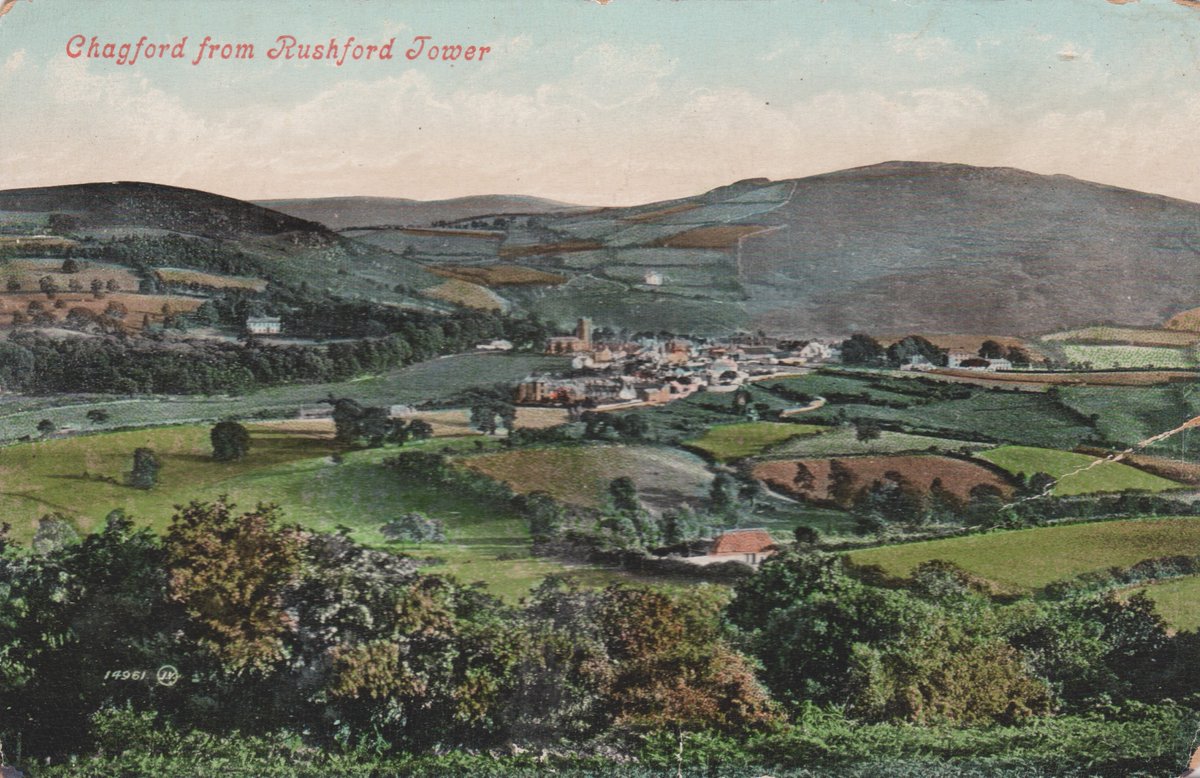 Chagford from Rushford Tower, posted in 1913 to Shaftesbury Cottages, Plymouth: Dear Auntie, Many thanks for letter and for what I asked. I am willing to wait. #PostedInThePast