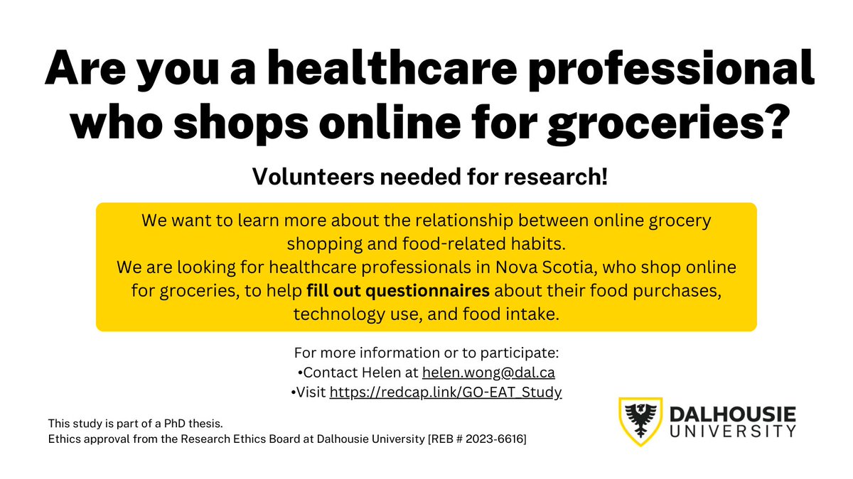 🤓Excited to start recruitment for the final study of my PhD. We invite healthcare professionals who are regular online grocery shoppers & living in #NovaScotia to take part in this research. For more study info or to participate, please visit redcap.link/GO-EAT_Study Please RT