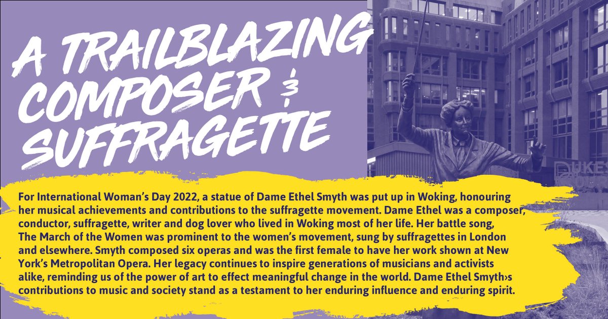 Dame Ethel Smyth, a composer, conductor, suffragette and writer from Surrey. Her battle song, The March of the Women was prominent to the women’s movement, sung by suffragettes. If you would like to learn about Dame Ethel, discover more here: orlo.uk/PH4mx