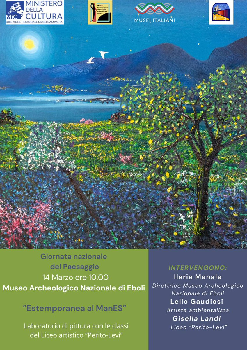 Giornata nazionale del Paesaggio. “Estemporanea al ManES” - Laboratorio di pittura. Museo Archeologico Nazionale di Eboli e della Media Valle del Sele, Giovedì 14 marzo 2024 dalle ore 10.00 alle ore 13.00 museicampania.cultura.gov.it/giornata-nazio…
