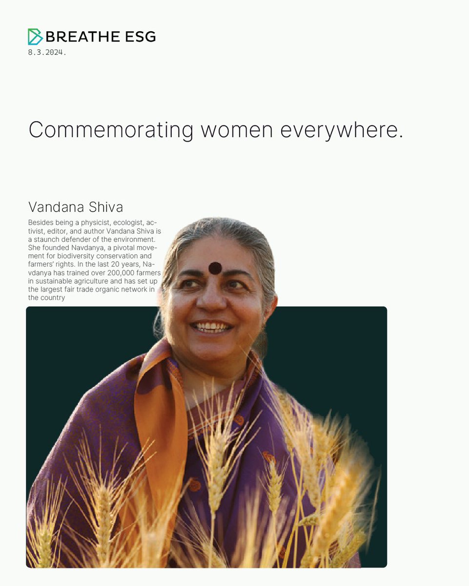 breathe_esg's tweet image. Happy Women’s Day! 

Women play an extraordinary role in nurturing our planet and its people. They embody strength, resilience, and a fierce dedication to the planet just like Vandana Shiva. 

#WomenAtBreathe #HappyWomensDay #WomenForThePlanet #BreatheESG #sustainabledevelopment