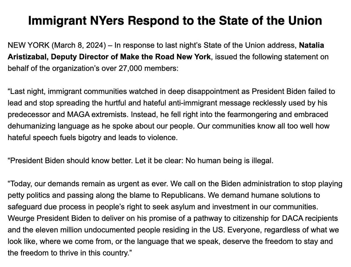 STATEMENT: In response to the #SOTU2024, our @NatyAristiBeta said: 'Last night, immigrant communities watched in deep disappointment as @POTUS failed to lead and stop spreading the hurtful & hateful anti-immigrant message recklessly used by his predecessor and MAGA extremists.'