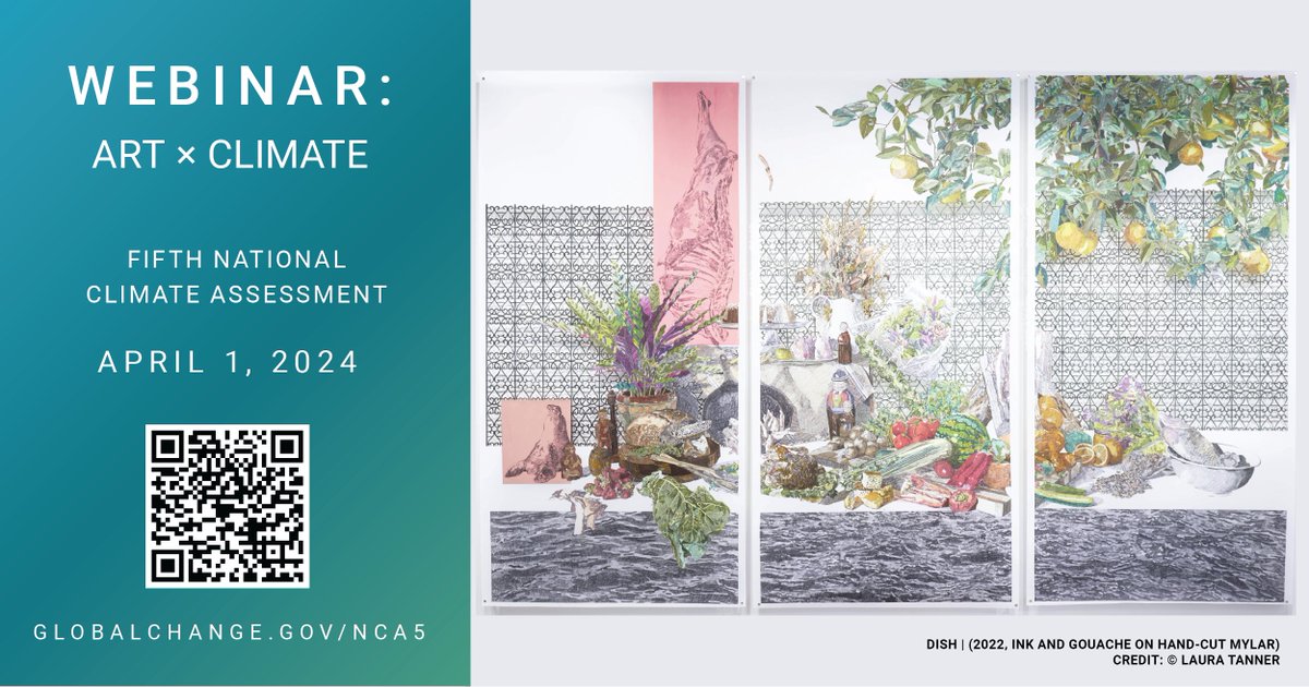 ART x CLIMATE is a new and unique addition to #NCA5. We will be discussing how this project was imagined and implemented. Special guests include 3 of our artists. Join us for the final webinar in the NCA5 series, April 1, 2024 at 3PM EST. Register here: globalchange.gov/events/nca5-we…