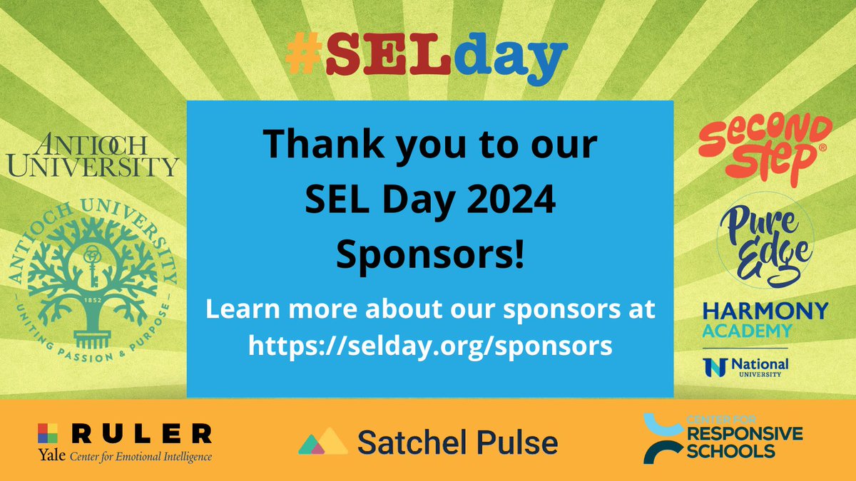 Thanks so much to our sponsors for supporting @SEL4USA @UrbanAssembly to organize #SELday 2024: @antiochuniversity @2ndstepprogram @pureedgeinc @harmony_sel @CRSlearn @YaleCSC @satchelpulse selday.org/sponsors/