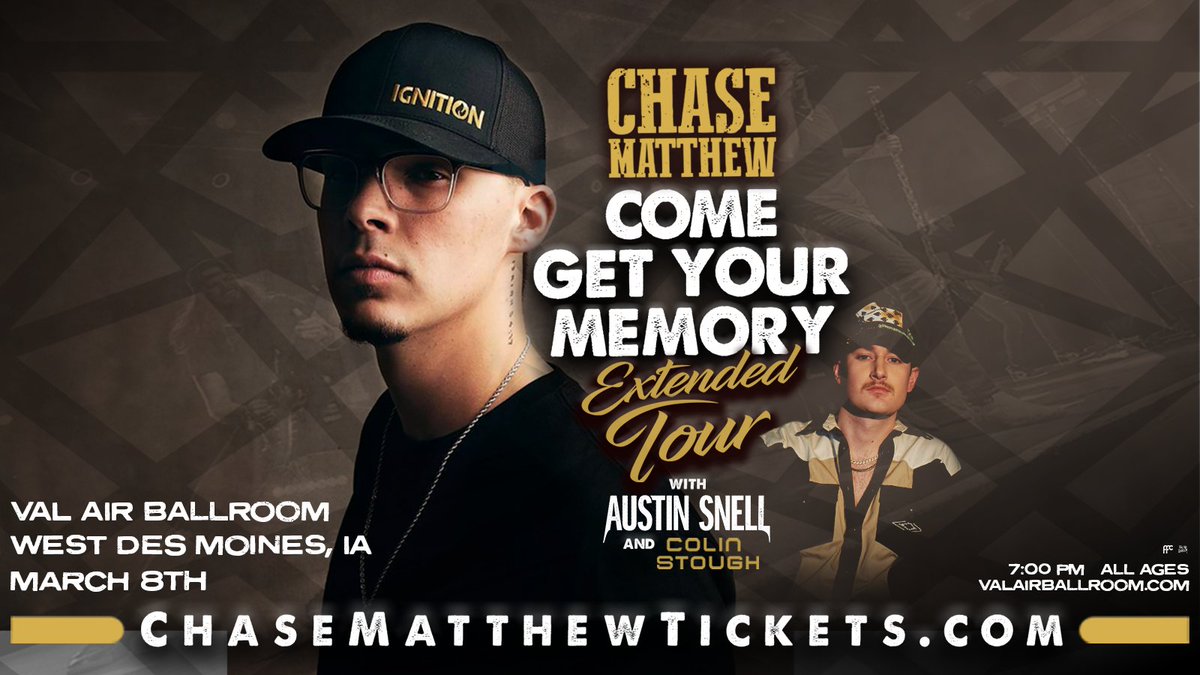Val Air Ballroom (@valairballroom) on Twitter photo Get ready for a night of country at Val Air Ballroom! 🤠 Chase Matthew is here with <a href="/asnellofficial/">Austin Snell</a> & <a href="/ColinStough/">colin stough</a>!
7:00 PM | 8:00 PM | All Ages
🎫 axs.com/events/511592/ Get ready for a night of country at Val Air Ballroom! 🤠 Chase Matthew is here with <a href="/asnellofficial/">Austin Snell</a> & <a href="/ColinStough/">colin stough</a>!
7:00 PM | 8:00 PM | All Ages
🎫 axs.com/events/511592/