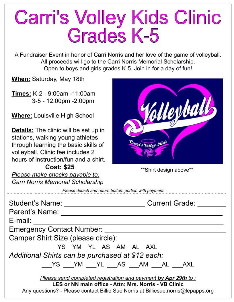 🚨SAVE THE DATE 🚨

Our annual Carri’s Volley Kids Clinic will be taking place on Saturday, May 18th for all boys and girls K-5. 
💕🏐