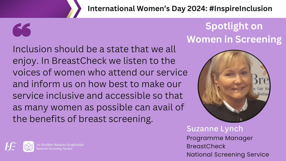 On #InternatinalWomensDay, Manager of our #BreastCheck programme Suzanne Lynch tells us what inclusion means to her.

'Inclusion should be a state that we all enjoy.'

#InspireInclusion #IWD2024 #ChooseScreening