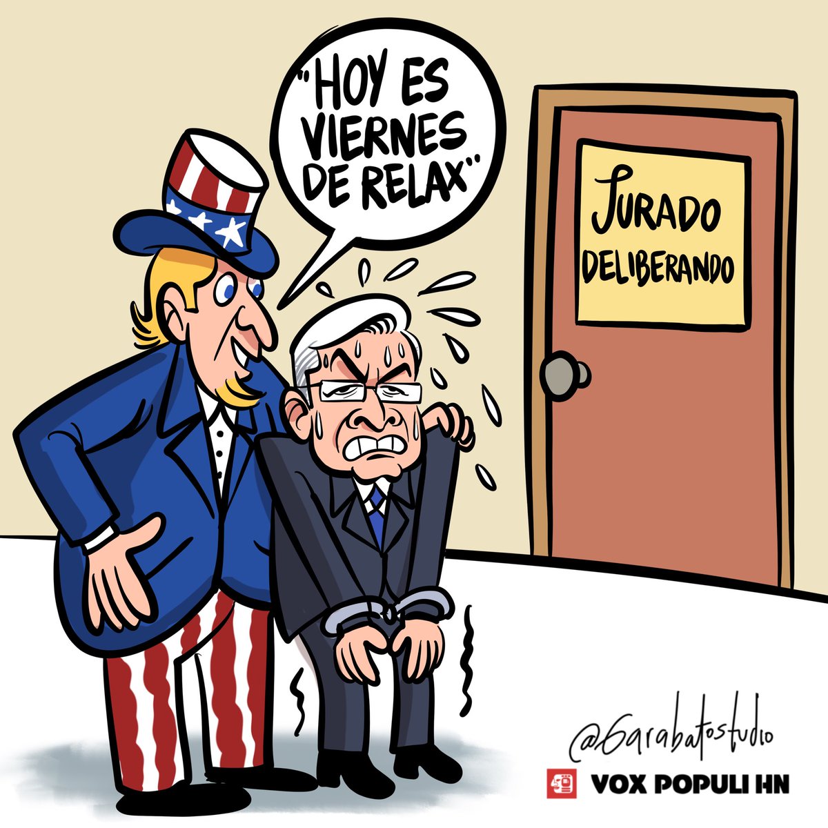 HondurasRosales's tweet photo. #NOTICIAS -🚨 LO ÚLTIMO 🚨
Son las 10:09 am. La caricatura de @GarabatoStudios mientras el Jurado esta deliberando, en el caso contra Juan Orlando Hernández.
Minuto a Minuto estamos informando este proceso.
Active las Notificaciones.
#JuicioJOH.
#NoticiasRosales https://t.co/hsjKnXtX3x