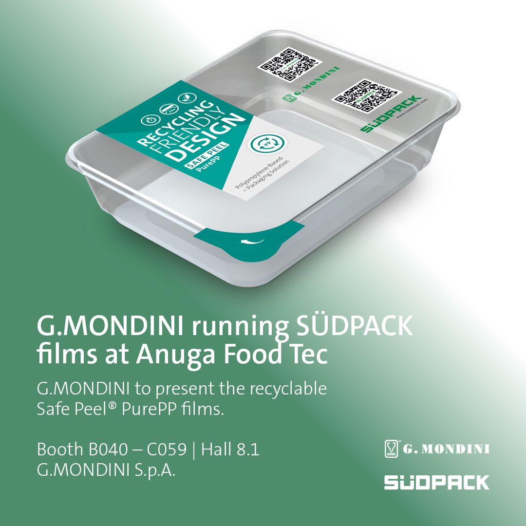 At Anuga FoodTec, #SÜDPACK and #GMondiniSpa will be presenting recyclable Safe Peel® PurePP films made of monomaterials.
📍 The packaging concept will be showcased by G. Mondini Spa at booth B040 – C059 in hall 8.1 from March 19 to 22 in Cologne.
#AnugaFoodTec #sustainability
